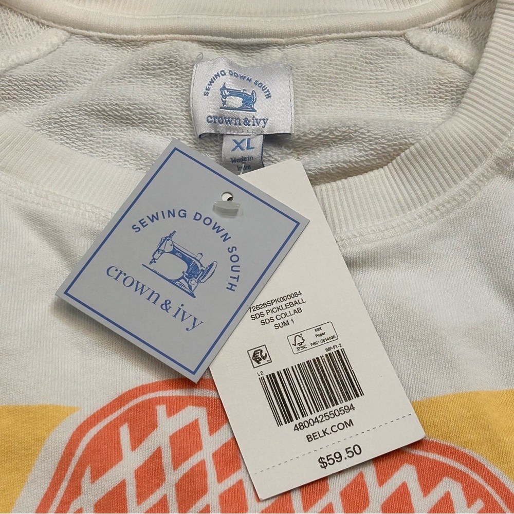 crown & ivy White Graphic Pickleball Sweatshirt with Coral, Teal & Yellow Print - Picture 13 of 13